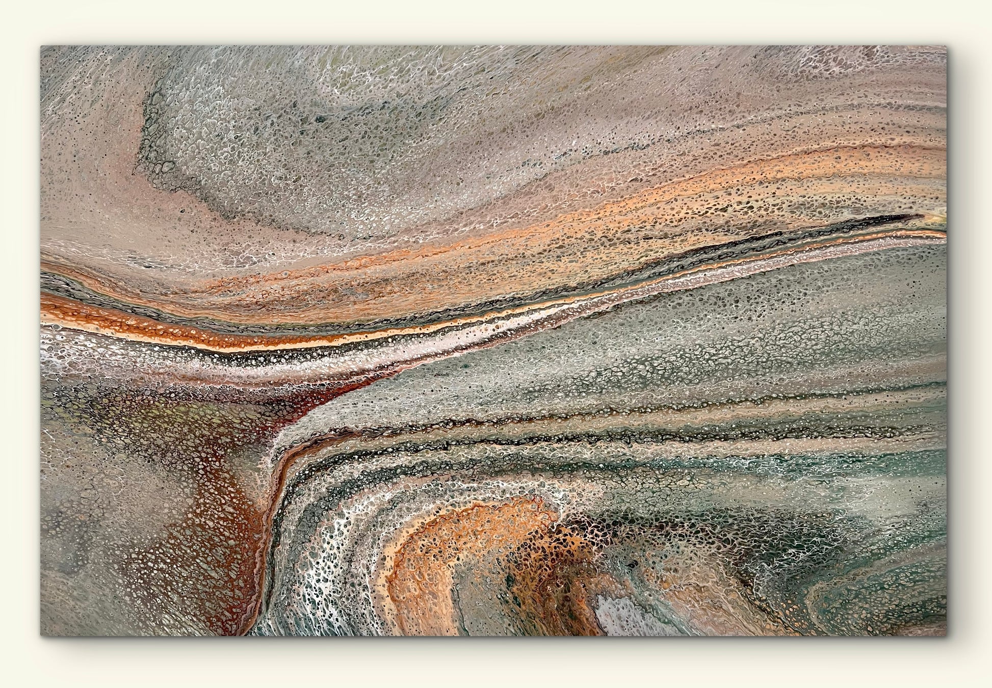 Full view of Shifting Ground, an oversized original abstract painting in muted green, soft grey, blush and copper with layered fluid movement