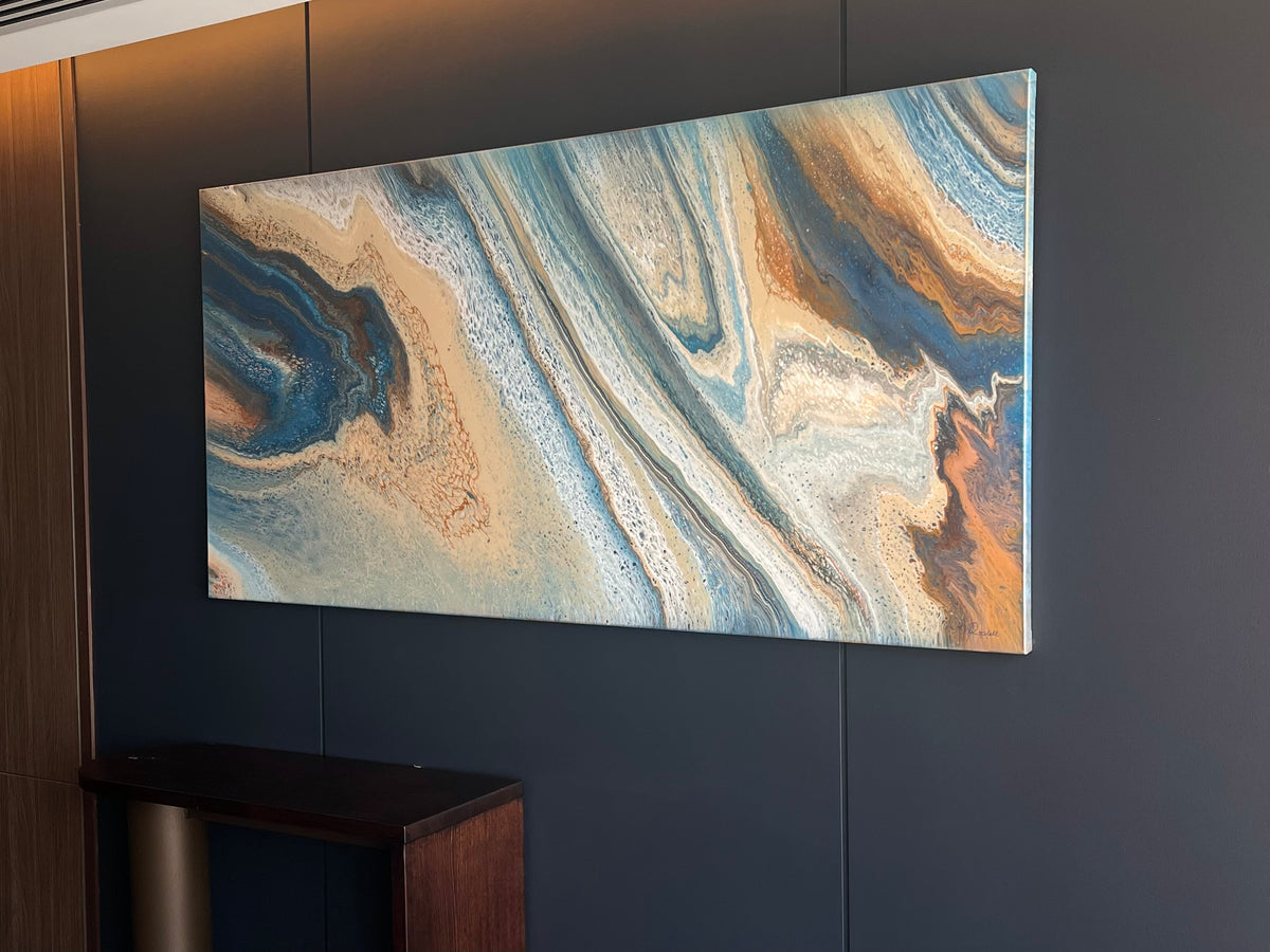 Shifting Light blue and ochre original abstract painting by Angela Roskell installed at Novotel Sydney Cabramatta
