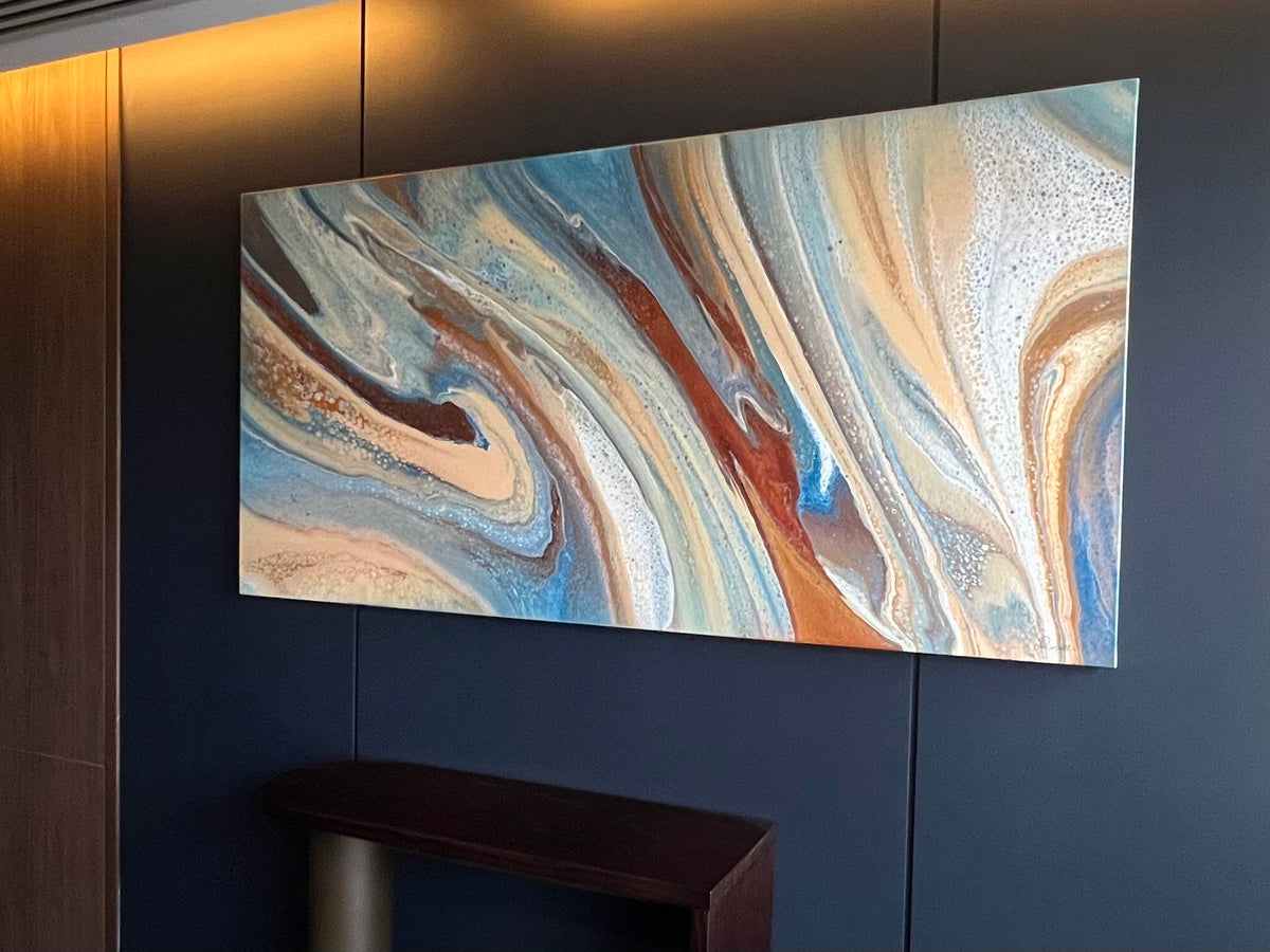 Sweeping Shores blue, rust and cream original abstract painting by Angela Roskell installed at Novotel Sydney Cabramatta