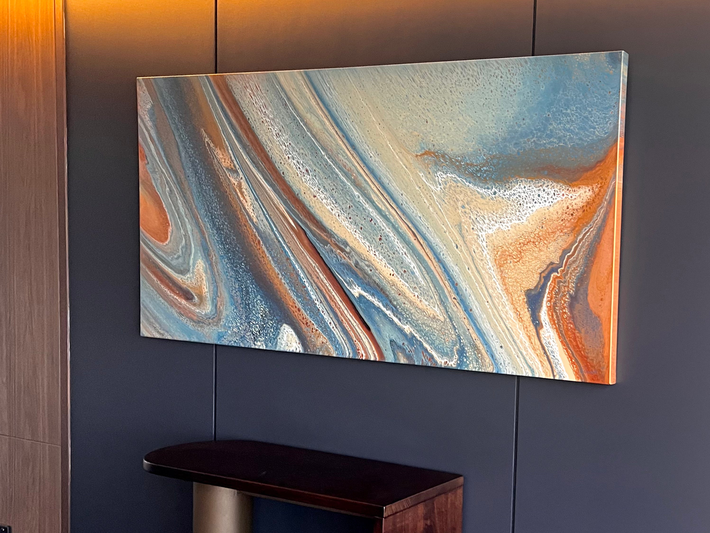 Tidal Divide abstract painting with sweeping blue, orange and cream layers, installed opposite the lifts at Novotel Sydney Cabramatta