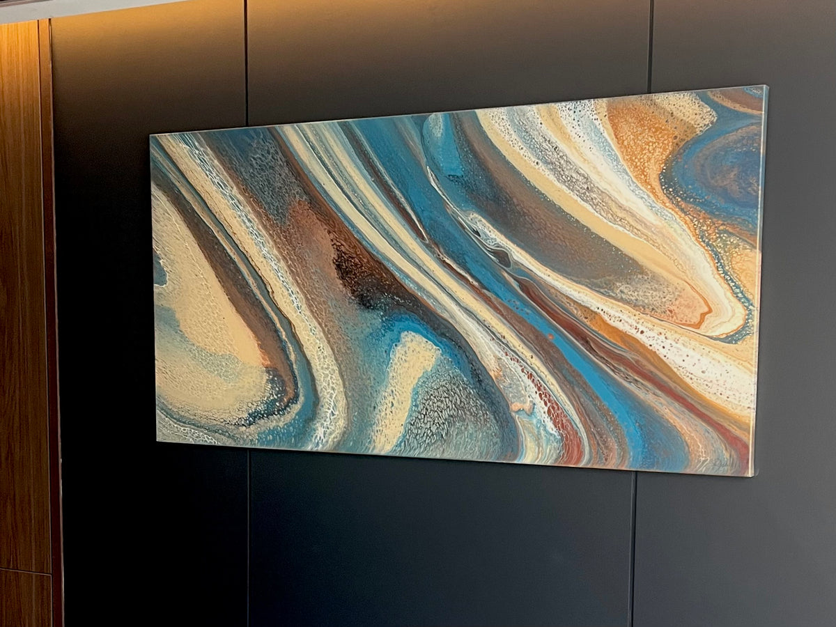 Tidal Drift blue, ochre and cream original abstract painting by Angela Roskell installed at Novotel Sydney Cabramatta
