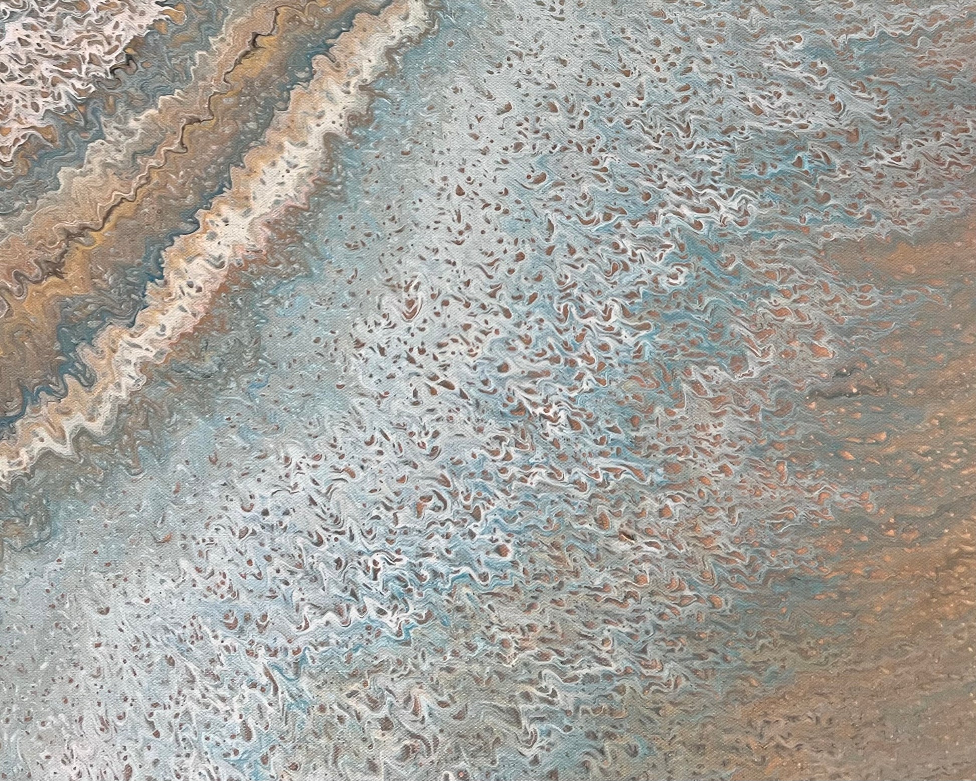 Close-up of Weathered Tides showing intricate fluid acrylic lacework in grey-blue, cream, bronze and rose gold
