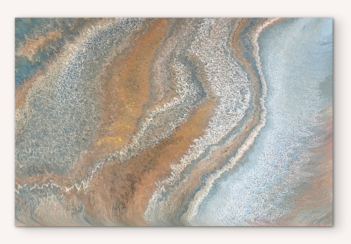 Weathered Tides original abstract landscape painting with sweeping grey-blue, ochre, amber, bronze and cream layers

